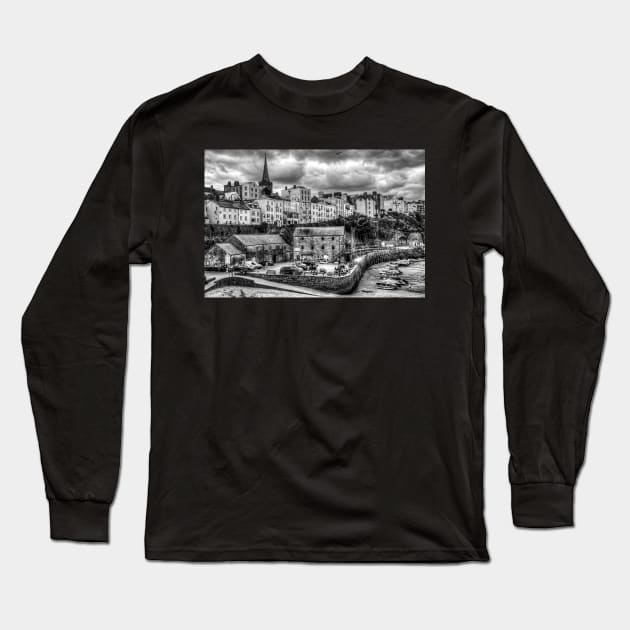 Tenby Harbour Quay, Black And White Long Sleeve T-Shirt by tommysphotos